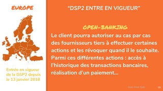 EUROPE
55
OPEN-BANKING
Le client pourra autoriser au cas par cas
des fournisseurs tiers à effectuer certaines
actions et les révoquer quand il le souhaite.
Parmi ces différentes actions : accès à
l’historique des transactions bancaires,
réalisation d’un paiement…
“DSP2 ENTRE EN VIGUEUR”
Assa Chloé Sylla
Entrée en vigueur
de la DSP2 depuis
le 13 janvier 2018
 