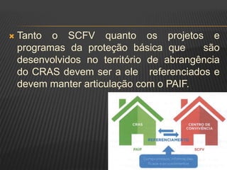  Tanto o SCFV quanto os projetos e
programas da proteção básica que são
desenvolvidos no território de abrangência
do CRAS devem ser a ele referenciados e
devem manter articulação com o PAIF.
 