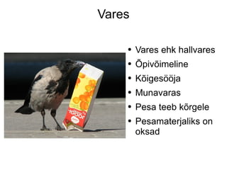 Vares Vares ehk hallvares Õpivõimeline Kõigesööja Munavaras Pesa teeb kõrgele Pesamaterjaliks on oksad 