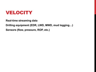 VELOCITY
Real-time streaming data
Drilling equipment (EDR, LWD, MWD, mud logging…)
Sensors (flow, pressure, ROP, etc.)
 