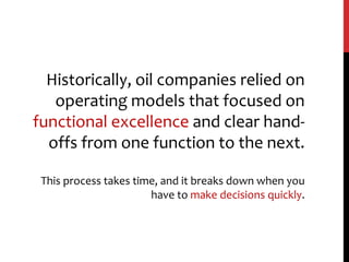 Historically, oil companies relied on
operating models that focused on
functional excellence and clear hand-
offs from one function to the next.
This process takes time, and it breaks down when you
have to make decisions quickly.
 