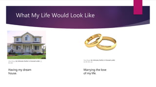 What My Life Would Look Like
This Photo by Unknown Author is licensed under CC
BY-ND
This Photo by Unknown Author is licensed under
CC BY-NC-SA
Having my dream
house.
Marrying the love
of my life.
 