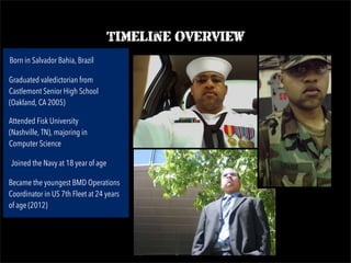 Timeline Overview
Born in Salvador Bahia, Brazil
Graduated valedictorian from
Castlemont Senior High School
(Oakland, CA 2005)
Joined the Navy at 18 year of age
Attended Fisk University
(Nashville, TN), majoring in
Computer Science
Became the youngest BMD Operations
Coordinator in US 7th Fleet at 24 years
of age (2012)
 