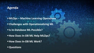 Agenda
MLOps – Machine Learning Operations
Challenges with Operationalizing ML
Is In-Database ML Possible?
How Does In-DB ML Help MLOps?
How Does In-DB ML Work?
Questions
 