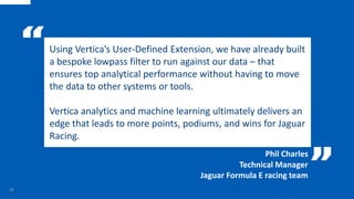 Using Vertica’s User-Defined Extension, we have already built
a bespoke lowpass filter to run against our data – that
ensures top analytical performance without having to move
the data to other systems or tools.
Vertica analytics and machine learning ultimately delivers an
edge that leads to more points, podiums, and wins for Jaguar
Racing.
Phil Charles
33
Technical Manager
Jaguar Formula E racing team
 