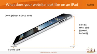 What does your website look like on an iPad

207% growth in 2011 alone


                                                                                             50+ mil.
                                                                                             Units Sold
                                                                                             (150 mil.
                                                                                             by 2015)




     April 2, 2010                                                             Jan 2, 2012


  0 Units Sold
                            Copyright 2010 buuteeq™ inc. All rights reserved
 