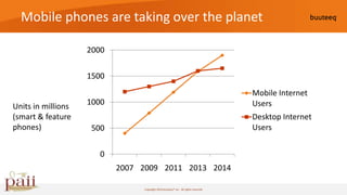 Mobile phones are taking over the planet

                    2000


                    1500
                                                                                   Mobile Internet
                    1000                                                           Users
Units in millions
(smart & feature                                                                   Desktop Internet
phones)              500                                                           Users


                       0
                           2007 2009 2011 2013 2014

                                Copyright 2010 buuteeq™ inc. All rights reserved
 