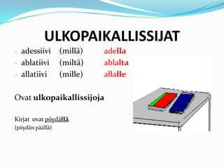 ULKOPAIKALLISSIJAT
- adessiivi (millä) adella
- ablatiivi (miltä) ablalta
- allatiivi (mille) allalle
Ovat ulkopaikallissijoja
Kirjat ovat pöydällä.
(pöydän päällä)
 