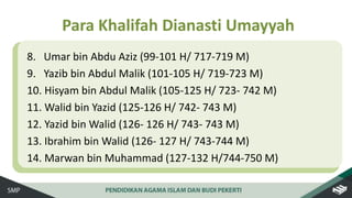 8. Umar bin Abdu Aziz (99-101 H/ 717-719 M)
9. Yazib bin Abdul Malik (101-105 H/ 719-723 M)
10. Hisyam bin Abdul Malik (105-125 H/ 723- 742 M)
11. Walid bin Yazid (125-126 H/ 742- 743 M)
12. Yazid bin Walid (126- 126 H/ 743- 743 M)
13. Ibrahim bin Walid (126- 127 H/ 743-744 M)
14. Marwan bin Muhammad (127-132 H/744-750 M)
Para Khalifah Dianasti Umayyah
 