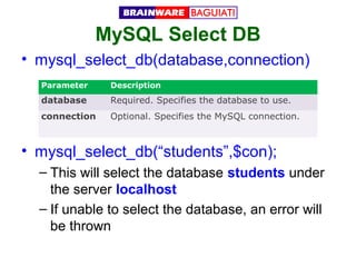 MySQL Select DB
• mysql_select_db(database,connection)
Parameter

Description

database

Required. Specifies the database to use.

connection

Optional. Specifies the MySQL connection.

• mysql_select_db(“students”,$con);
– This will select the database students under
the server localhost
– If unable to select the database, an error will
be thrown

 