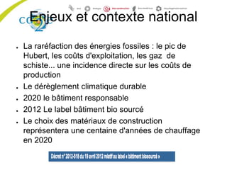 Enjeux et contexte national
● La raréfaction des énergies fossiles : le pic de
Hubert, les coûts d'exploitation, les gaz de
schiste... une incidence directe sur les coûts de
production
● Le dérèglement climatique durable
● 2020 le bâtiment responsable
● 2012 Le label bâtiment bio sourcé
● Le choix des matériaux de construction
représentera une centaine d'années de chauffage
en 2020
 
