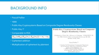 BACKGROUND INFO
 Pascal Paillier
 1999
 Public-Key Cryptosystems Based on Composite Degree Residuosity Classes
 Public-Key !?
 Comparable to RSA
 A
 Ciphertext addition
 Multiplication of ciphertext by plaintext
 