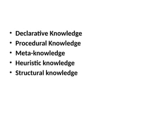 • Declarative Knowledge
• Procedural Knowledge
• Meta-knowledge
• Heuristic knowledge
• Structural knowledge
 