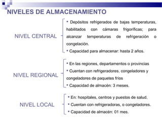 NIVEL CENTRAL
 Depósitos refrigerados de bajas temperaturas,
habilitados con cámaras frigoríficas; para
alcanzar temperaturas de refrigeración o
congelación.
 Capacidad para almacenar: hasta 2 años.
 En las regiones, departamentos o provincias
 Cuentan con refrigeradores, congeladores y
congeladores de paquetes fríos
 Capacidad de almacén: 3 meses.
 En: hospitales, centros y puestos de salud.
 Cuentan con refrigeradoras, o congeladores.
 Capacidad de almacén: 01 mes.
NIVELES DE ALMACENAMIENTO
NIVEL LOCAL
NIVEL REGIONAL
 