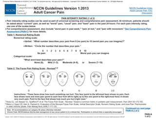 Version 1.2013, 02/05/13 © National Comprehensive Cancer Network, Inc. 2013, All rights reserved. The NCCN Guidelines and this illustration may not be reproduced in any form without the express written permission of NCCN .®®
NCCN Guidelines Index
Adult Cancer Pain TOC
Discussion
Note: All recommendations are category 2A unless otherwise indicated.
Clinical Trials: NCCN believes that the best management of any cancer patient is in a clinical trial. Participation in clinical trials is especially encouraged.
NCCN Guidelines Version 1.2013
Adult Cancer Pain
1Hicks CL, von Baeyer CL, Spafford P, et al. The Faces Pain Scale - Revised: Toward a common metric in pediatric pain measurement. Pain 2001;93:173-183.
2Ware LJ, Epps CD, Herr K, Packard A. Evaluation of the Revised Faces Pain Scale, Verbal Descriptor Scale, Numeric Rating Scale, and Iowa Pain Thermometer
in older minority adults. Pain Manag Nurs 2006;7:117-125.
PAIN INTENSITY RATING (1 of 2)
·
·
Verbal: “ from 0 (no pain) to 10 (worst pain you can imagine)?”
Written: “Circle the number that describes ”
0 1 2 3 4 5 6 7 8 9 10
No pain Worst pain you can imagine
What number describes your pain
your pain.
“What word best describes your pain?”
None (0), Mild (1–3), Moderate (4–6), or Severe (7–10)
Table 1: Numerical Rating Scale
Continued on next page
PAIN-A 2 of 2
Numerical rating scale:
Categorical scale:
PAIN-A
1 of 2
Table 2: The Faces Pain Rating Scale - Revised1,2
Instructions: “These faces show how much something can hurt. This face (point to the left-most face) shows no pain. Each
face shows more and more pain (point to each face from left to right) up to this one (point to the right-most face)--it shows
very much pain. Point to the face that shows how much you hurt (right now).”
· Pain intensity rating scales can be used as part of universal screening and comprehensive pain assessment. At minimum, patients should
be asked about “current” pain, . For each pain intensity rating,
use one of the scales below.
For comprehensive assessment, also include "worst pain in past week," "pain at rest," and "pain with movement."
for more details.
as well as "worst" pain, "usual" pain, and "least" pain in the past 24 hours
· See Comprehensive Pain
Assessment (PAIN-C)
Printed by Patricio Matovelle on 5/15/2013 7:47:16 AM. For personal use only. Not approved for distribution. Copyright © 2013 National Comprehensive Cancer Network, Inc., All Rights Reserved.
 