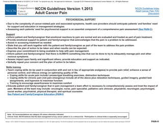 Version 1.2013, 02/05/13 © National Comprehensive Cancer Network, Inc. 2013, All rights reserved. The NCCN Guidelines and this illustration may not be reproduced in any form without the express written permission of NCCN .®®
NCCN Guidelines Index
Adult Cancer Pain TOC
Discussion
Note: All recommendations are category 2A unless otherwise indicated.
Clinical Trials: NCCN believes that the best management of any cancer patient is in a clinical trial. Participation in clinical trials is especially encouraged.
NCCN Guidelines Version 1.2013
Adult Cancer Pain
PSYCHOSOCIAL SUPPORT
·
·
·
Due to the complexity of cancer-related pain and associated symptoms, health care providers should anticipate patients’ and families’ need
for support and education in management strategies.
Assessing each patients’ need for psychosocial support is an essential component of a comprehensive pain assessment ( ).
Support
Inform pati
ncologist, nurse, pain specialist, palliative care clinician, physiatrist, neurologist, psychologist,
soci
See PAIN-C
ent and family/caregiver that emotional reactions to pain are normal and are evaluated and treated as part of pain treatment.
Provide emotional support to patient and family/caregiver that acknowledges that the pain is a problem to be addressed.
Assist in accessing treatment as needed.
State that you will work together with the patient and family/caregiver as part of the team to address the pain problem.
Describe the plan of action to be taken and when results can be expected.
Express your commitment to being available to help with pain management
Inform patient and family/caregiver that there is ALWAYS something else that can be done to try to adequately manage pain and other
noxious symptoms.
Assess impact upon family and significant others; provide education and support as indicated.
Verbally repeat your concern and the plan of action to be taken.
Teach coping skills (to be used in conjunction with and not in lieu of appropriate analgesia) to provide pain relief, enhance a sense of
personal control, and refocus energy on optimizing quality of life.
Training to encourage assertiveness to maximize comfort
Educate patient and family/caregiver that in pain management a team effort is necessary to comprehensively assess and treat the impact of
pain. Members of the team may include: o
·
·
·
·
·
·
·
·
·
·
.
Skills training
>
>
>
Coping skills for acute pain include Lamaze-type breathing exercises, distraction techniques
Coping skills for chronic pain (not pain emergency) include all of the above plus relaxation techniques, guided imagery, graded task
assignments, and hypnosis to maximize function
al worker, psychiatrist, physical therapist, and spiritual counselor.
See Patient and Family/Caregiver Education (PAIN-I)
PAIN-H
Printed by Patricio Matovelle on 5/15/2013 7:47:16 AM. For personal use only. Not approved for distribution. Copyright © 2013 National Comprehensive Cancer Network, Inc., All Rights Reserved.
 