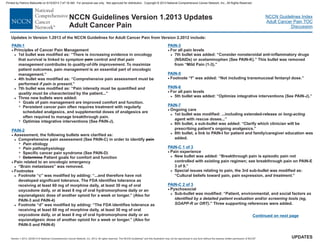 Version 1.2013, 02/05/13 © National Comprehensive Cancer Network, Inc. 2013, All rights reserved. The NCCN Guidelines and this illustration may not be reproduced in any form without the express written permission of NCCN .®®
NCCN Guidelines Index
Adult Cancer Pain TOC
Discussion
UPDATES
NCCN Guidelines Version 1.2013 Updates
Adult Cancer Pain
Continued on next page
PAIN-1
PAIN-2
PAIN-3
PAIN-6
PAIN-7
PAIN-C 1 of 3
PAIN-C 2 of 3
·
·
·
·
·
·
·
·
Principles of Cancer Pain Management
1st bullet was modified as: “There is increasing evidence in oncology
that survival is linked to control
. To maximize
patient outcomes, pain is an essential part of oncologic
management.”
4th bullet was modified as: “Comprehensive pain assessment must be
performed .”
7th bullet was modified as: “Pain intensity must be quantified
by the patient...”
Three new bullets were added:
Goals of pain management are improved comfort and function.
Persistent cancer pain often requires treatment with regularly
scheduled analgesics, and supplemental doses of analgesics are
often required to manage breakthrough pain.
Optimize integrative interventions (See PAIN-J).
Assessment, the following bullets were clarified as:
Comprehensive pain assessment (See PAIN-C) in order to identify
etiology
pathophysiology
Specific cancer pain syndrome (See PAIN-D)
Patient goals for comfort and function
Pain related to an oncologic emergency
“Brain metastases” was removed.
odone daily, or at least 8 mg of oral hydromorphone daily or an
equianalgesic dose of another opioid for a week or longer.”
For all pain levels
7th bullet was added: “Consider nonsteroidal anti-inflammatory drugs
(NSAIDs) or acetaminophen (See PAIN-K).” This bullet was removed
from “Mild Pain (1-3).”
Footnote “f” was added: “Not including transmucosal fentanyl dose.”
For all pain levels
5th bullet was added: “Optimize integrative interventions (See PAIN-J).”
Ongoing care
1st bullet was modified: ...including extended-release
t with rescue doses...”
6th bullet, a sub-bullet was added: “Clarify which clinician will be
prescribing patient’s ongoing analgesics.”
8th bullet, a link to PAIN-I for patient and family/caregiver education was
added.
Pain experience
Special issues relating to pain, the 3rd sub-bullet was modified as:
“Cultural beliefs toward pain, pain expression, .”
>
>
>
>
7
7
7
>
7
7
7
7
>
>
>
>
>
symptom and that pain
management contributes to quality-of-life improvement
management
if pain is present
and
quality must be characterized
Pain
Pain
or long-acting
agen
and treatment
pain
pain
Determine
· Footnotes
.
>
>
Footnote “c” was modified by adding: “...and therefore have not
developed significant tolerance. The FDA identifies tolerance as
receiving at least 60 mg of morphine daily, at least 30 mg of oral
oxycodone daily, or at least 8 mg of oral hydromorphone daily or an
equianalgesic dose of another opioid for a week or longer.” (Also for
PAIN-3 and PAIN-4)
Footnote “d” was modified by adding: “The FDA identifies tolerance as
receiving at least 60 mg of morphine daily, at least 30 mg of oral
oxyc
(Also for
PAIN-5 and PAIN-6)
Breakthrough pain is episodic pain not
controlled with existing pain regimen; see breakthrough pain on PAIN-E
3 of 9
>
>
>
New bullet was added: “
”
PAIN-5
· Pyschosocial
Sub-bullet was modified: “Patient, environmental, and social factors
.” Three supporting references were added.
> as
identified by a detailed patient evaluation and/or screening tools (eg,
SOAPP-R or ORT)
Updates in Version 1.2013 of the NCCN for Adult Cancer Pain from Version 2.2012 include:Guidelines
Printed by Patricio Matovelle on 5/15/2013 7:47:16 AM. For personal use only. Not approved for distribution. Copyright © 2013 National Comprehensive Cancer Network, Inc., All Rights Reserved.
 