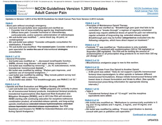 Version 1.2013, 02/05/13 © National Comprehensive Cancer Network, Inc. 2013, All rights reserved. The NCCN Guidelines and this illustration may not be reproduced in any form without the express written permission of NCCN .®®
NCCN Guidelines Index
Adult Cancer Pain TOC
Discussion
UPDATES
NCCN Guidelines Version 1.2013 Updates
Adult Cancer Pain
PAIN-D
·
·
·
·
·
Bone pain without oncologic emergency
Consider trial of bone-modifying agents (eg, bisphosphonates)
Opioids and Risk Evaluation and Mitigation Strategy (REMS)
Last sub-bullet was revised as: “REMS programs are currently in place
for all transmucosal fentanyl products, ,
transdermal buprenorphine (See Approved Risk Evaluation and
Mitigation Strategies [REMS]),
. See FDA
Questions and Answers for REMS for Extended-Release and Long-
Acting Opioid Analgesics.”
Principles of Maintenance Opioid Therapy
4th bullet was clarified as: “Breakthrough pain (pain that fails to be
controlled or “breaks through” a regimen of regularly scheduled
opioid)
.
Miscellaneous analgesics page is new to this section.
Convert or Rotate From One Opioid to Another Opioid
A 6th point was added: “Data do not support a specific transmucosal
fentanyl dose equianalgesic to other opioids or between different
transmucosal formulations. Always initiate transmucosal fentanyl with
lowest dose in chosen formulation and titrate to effect. (See specific
transmucosal prescribing information for appropriate dosing
intervals.)”
>
7
7
>
>
>
2nd and 3rd sub-bullets were separated and clarified as:
Consider hormonal or chemotherapy,
corticosteroids, and/or systemic administration of radioisotopes
4th sub-bullet was modified: “...nerve block (eg, rib pain),
”
6th sub-bullet was added: “Consider orthopedic consultation for
stabilization, if feasible.”
7th sub-bullet was modified: Consider referral to a
pain specialist interventional
.
may be further
Diffuse bone pain:
or
vertebroplasty
for
consultation
evaluated into the
following categories, which have direct impact on treatment:”
>
>
> “For resistant pain:
and/or the use of strategies
categorized as
transdermal fentanyl products
all extended-release opioids, and long-acting
opioids (methadone)
may require additional doses of opioid for pain not relieved by
regular schedule of long-acting (eg, extended release) opioid
Breakthrough pain
and in 2013 the FDA will introduce
REMS starting with continuing education for morphine-naltrexone
combination product,
extended-release hydromorphone, extended-
release tapentadol, extended-release oxymorphone
PAIN-E 1 of 10
PAIN-E 4 of 10
PAIN-E 5 of 10
PAIN-E 6 of 10
PAIN-E 9 of 10
·
·
·
·
·
General Principles
2nd bullet was modified as: “...decreased renal/hepatic function,
, and upper airway compromise...”
3rd bullet was modified by removing: “...(ie, IV, subcutaneous, rectal,
transdermal, transmucosal )...”
8th bullet was modified by adding: “If/when pain improves...
...”
Last bullet was modified by adding: “May include patient survey tool
(eg, COMM)” with a reference.
A new bullet was added: “For breakthrough pain, see PAIN-E 3 of 10.”
Footnote “7” was modified as: “Hydrocodone is only available
commercially combined with acetaminophen (325 to 750 mg/tablet)
).
.”
Table 2
Transdermal fentanyl dose of “12 mcg/h” and the morphine
equivalents were added.
4th bullet was modified as: “Methadone is commercially available in 5
mg and 10 mg tablets and 1 mg/mL, oral
solution.”
5th bullet was modified by adding: “If more rapid titration is desired,
consult with pain or palliative care specialist.”
>
>
>
>
>
>
COPD,
, buccal
chronic lung disease
and
optimize use of nonopioid analgesics
or
ibuprofen (200 mg/tablet The FDA will be limiting the amount of
acetaminophen in all prescription drug products to no more than 325 mg
per dosage unit
2 mg/mL, and 10 mg/mL
PAIN-E 2 of 10
PAIN-E 3 of 10
PAIN-E 7 of 10
Continued on next page
Updates in Version 1.2013 of the NCCN for Adult Cancer Pain from Version 2.2012 include:Guidelines
Printed by Patricio Matovelle on 5/15/2013 7:47:16 AM. For personal use only. Not approved for distribution. Copyright © 2013 National Comprehensive Cancer Network, Inc., All Rights Reserved.
 