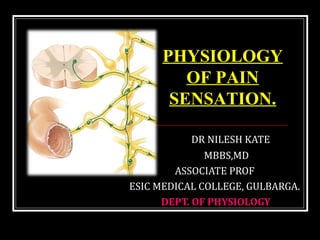 DR NILESH KATE
MBBS,MD
ASSOCIATE PROF
ESIC MEDICAL COLLEGE, GULBARGA.
DEPT. OF PHYSIOLOGY
PHYSIOLOGY
OF PAIN
SENSATION.
 