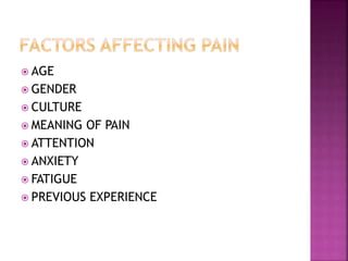  AGE
 GENDER
 CULTURE
 MEANING OF PAIN
 ATTENTION
 ANXIETY
 FATIGUE
 PREVIOUS EXPERIENCE
 
