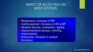 IMPACT OF ACUTE PAIN ON
BODY SYSTEMS
 Respiratory; increase in RR
 Cardiovascular; increase in HR & BP
 Skeletal Muscle; contraction, rigidity
 Gastrointestinal;nausea, vomiting
 Haemostasis;
 Endocrine; increase in cortisol
 Emotions
By: www.seas9.com
 