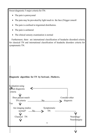Sweet diagnostic 5 major criteria for TN:
• The pain is paroxysmal
• The pain may be provoked by light touch to the face (Trigger zones0
• The pain is confined to trigeminal distribution.
• The pain is unilateral
• The clinical sensory examination is normal
Furthermore, there are international classification of headache disorderd criteria
for classical TN and international classification of headache disorders criteria for
symptomatic TN.
Diagnostic algorithm for TN by Serivani , Mathews.
Evaluation using
formal diagnostic
criteria
Does patient match Consider other
TN criteria No diagnosis
Yes
Are imaging studies Symptomatic
normal? No TN
Classical TN Neurology/
Neurosurgery
6
 