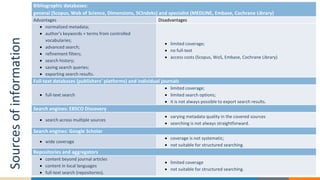 Sourcesofinformation
Bibliographic databases:
general (Scopus, Web of Science, Dimensions, SCIndeks) and specialist (MEDLINE, Embase, Cochrane Library)
Advantages Disadvantages
 normalized metadata;
 author’s keywords + terms from controlled
vocabularies;
 advanced search;
 refinement filters;
 search history;
 saving search queries;
 exporting search results.
 limited coverage;
 no full-text
 access costs (Scopus, WoS, Embase, Cochrane Library)
Full-text databases (publishers’ platforms) and individual journals
 full-text search
 limited coverage;
 limited search options;
 it is not always possible to export search results.
Search engines: EBSCO Discovery
 search across multiple sources
 varying metadata quality in the covered sources
 searching is not always straightforward.
Search engines: Google Scholar
 wide coverage
 coverage is not systematic;
 not suitable for structured searching.
Repositories and aggregators
 content beyond journal articles
 content in local languages
 full-text search (repositories).
 limited coverage
 not suitable for structured searching.
 