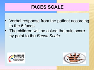 • Verbal response from the patient according
to the 6 faces
• The children will be asked the pain score
by point to the Faces Scale
FACES SCALE
 
