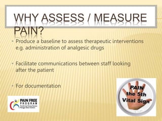 WHY ASSESS / MEASURE
PAIN?
• Produce a baseline to assess therapeutic interventions
e.g. administration of analgesic drugs
• Facilitate communications between staff looking
after the patient
• For documentation
 
