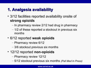 www.csi.kcl.ac.uk
1. Analgesia availability1. Analgesia availability
• 3/12 facilities reported availability onsite of
strong opioids
– In pharmacy review 2/12 had drug in pharmacy
– 1/2 of these reported a stockout in previous six
months
• 6/12 reported weak opioids
– Pharmacy review 6/12
– 3/6 stockout previous six months
• 12/12 reported non-opioids
– Pharmacy review 12/12
– 5/12 stockout previous six months (Pall Med In Press)
 