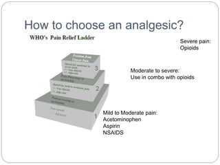 How to choose an analgesic?
Mild to Moderate pain:
Acetominophen
Aspirin
NSAIDS
Moderate to severe:
Use in combo with opioids
Severe pain:
Opioids
 