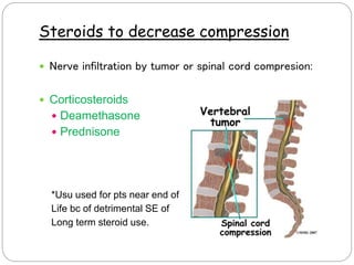 Steroids to decrease compression
 Nerve infiltration by tumor or spinal cord compresion:
 Corticosteroids
 Deamethasone
 Prednisone
*Usu used for pts near end of
Life bc of detrimental SE of
Long term steroid use.
 