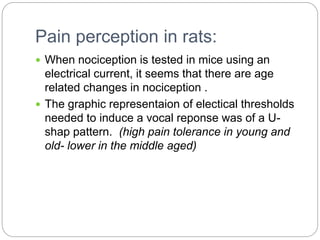 Pain perception in rats:
 When nociception is tested in mice using an
electrical current, it seems that there are age
related changes in nociception .
 The graphic representaion of electical thresholds
needed to induce a vocal reponse was of a U-
shap pattern. (high pain tolerance in young and
old- lower in the middle aged)
 