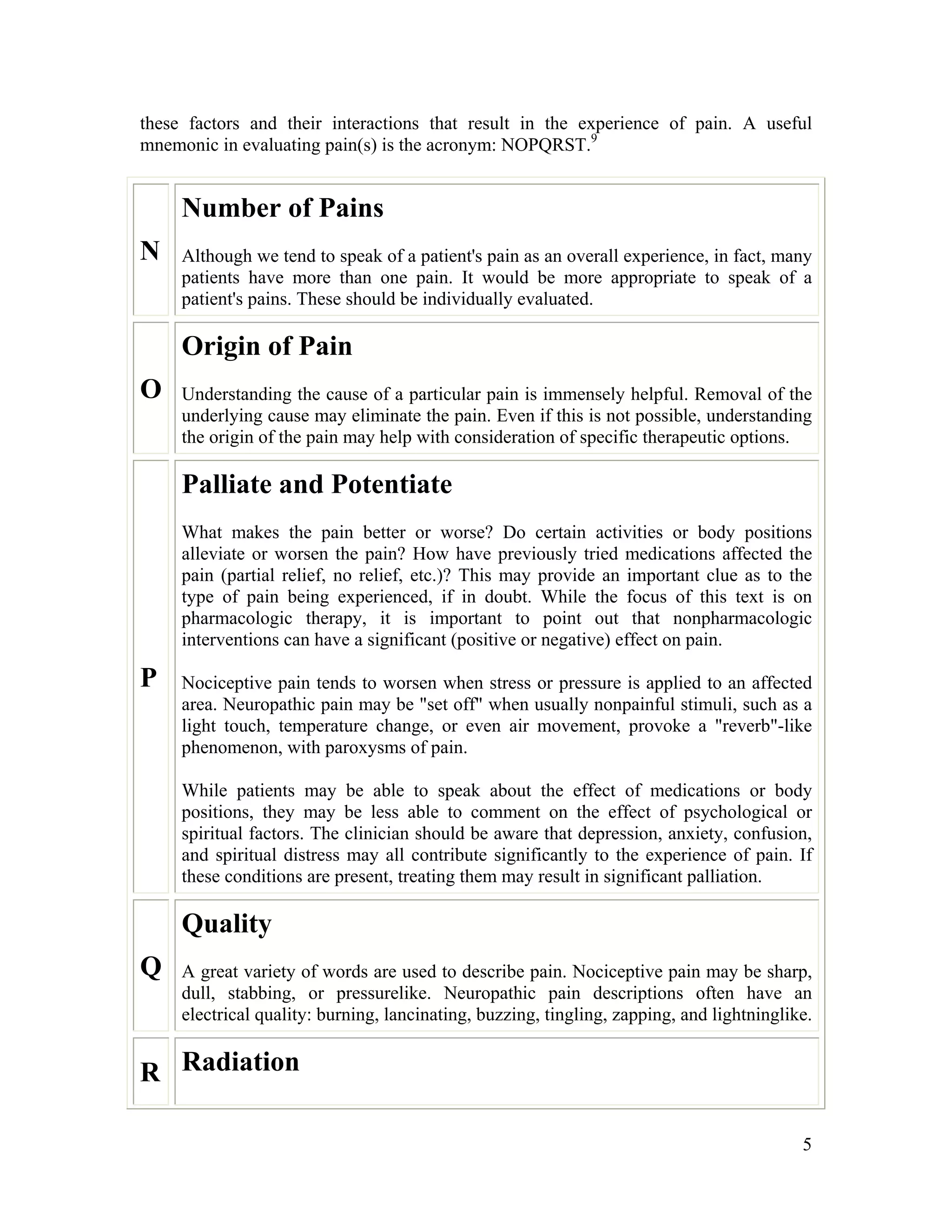 5
these factors and their interactions that result in the experience of pain. A useful
mnemonic in evaluating pain(s) is the acronym: NOPQRST.9
N
Number of Pains
Although we tend to speak of a patient's pain as an overall experience, in fact, many
patients have more than one pain. It would be more appropriate to speak of a
patient's pains. These should be individually evaluated.
O
Origin of Pain
Understanding the cause of a particular pain is immensely helpful. Removal of the
underlying cause may eliminate the pain. Even if this is not possible, understanding
the origin of the pain may help with consideration of specific therapeutic options.
P
Palliate and Potentiate
What makes the pain better or worse? Do certain activities or body positions
alleviate or worsen the pain? How have previously tried medications affected the
pain (partial relief, no relief, etc.)? This may provide an important clue as to the
type of pain being experienced, if in doubt. While the focus of this text is on
pharmacologic therapy, it is important to point out that nonpharmacologic
interventions can have a significant (positive or negative) effect on pain.
Nociceptive pain tends to worsen when stress or pressure is applied to an affected
area. Neuropathic pain may be "set off" when usually nonpainful stimuli, such as a
light touch, temperature change, or even air movement, provoke a "reverb"-like
phenomenon, with paroxysms of pain.
While patients may be able to speak about the effect of medications or body
positions, they may be less able to comment on the effect of psychological or
spiritual factors. The clinician should be aware that depression, anxiety, confusion,
and spiritual distress may all contribute significantly to the experience of pain. If
these conditions are present, treating them may result in significant palliation.
Q
Quality
A great variety of words are used to describe pain. Nociceptive pain may be sharp,
dull, stabbing, or pressurelike. Neuropathic pain descriptions often have an
electrical quality: burning, lancinating, buzzing, tingling, zapping, and lightninglike.
R Radiation
 
