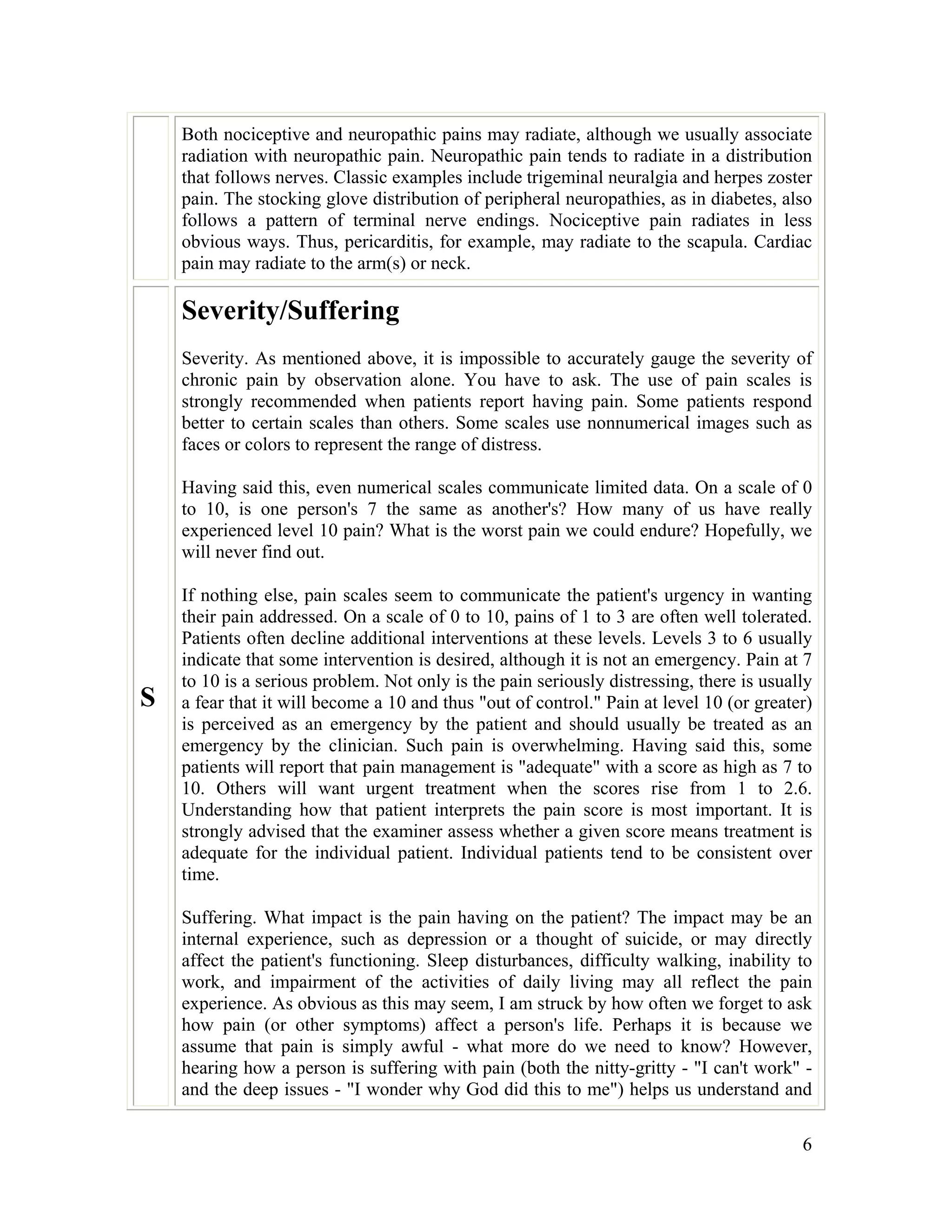 6
Both nociceptive and neuropathic pains may radiate, although we usually associate
radiation with neuropathic pain. Neuropathic pain tends to radiate in a distribution
that follows nerves. Classic examples include trigeminal neuralgia and herpes zoster
pain. The stocking glove distribution of peripheral neuropathies, as in diabetes, also
follows a pattern of terminal nerve endings. Nociceptive pain radiates in less
obvious ways. Thus, pericarditis, for example, may radiate to the scapula. Cardiac
pain may radiate to the arm(s) or neck.
S
Severity/Suffering
Severity. As mentioned above, it is impossible to accurately gauge the severity of
chronic pain by observation alone. You have to ask. The use of pain scales is
strongly recommended when patients report having pain. Some patients respond
better to certain scales than others. Some scales use nonnumerical images such as
faces or colors to represent the range of distress.
Having said this, even numerical scales communicate limited data. On a scale of 0
to 10, is one person's 7 the same as another's? How many of us have really
experienced level 10 pain? What is the worst pain we could endure? Hopefully, we
will never find out.
If nothing else, pain scales seem to communicate the patient's urgency in wanting
their pain addressed. On a scale of 0 to 10, pains of 1 to 3 are often well tolerated.
Patients often decline additional interventions at these levels. Levels 3 to 6 usually
indicate that some intervention is desired, although it is not an emergency. Pain at 7
to 10 is a serious problem. Not only is the pain seriously distressing, there is usually
a fear that it will become a 10 and thus "out of control." Pain at level 10 (or greater)
is perceived as an emergency by the patient and should usually be treated as an
emergency by the clinician. Such pain is overwhelming. Having said this, some
patients will report that pain management is "adequate" with a score as high as 7 to
10. Others will want urgent treatment when the scores rise from 1 to 2.6.
Understanding how that patient interprets the pain score is most important. It is
strongly advised that the examiner assess whether a given score means treatment is
adequate for the individual patient. Individual patients tend to be consistent over
time.
Suffering. What impact is the pain having on the patient? The impact may be an
internal experience, such as depression or a thought of suicide, or may directly
affect the patient's functioning. Sleep disturbances, difficulty walking, inability to
work, and impairment of the activities of daily living may all reflect the pain
experience. As obvious as this may seem, I am struck by how often we forget to ask
how pain (or other symptoms) affect a person's life. Perhaps it is because we
assume that pain is simply awful - what more do we need to know? However,
hearing how a person is suffering with pain (both the nitty-gritty - "I can't work" -
and the deep issues - "I wonder why God did this to me") helps us understand and
 