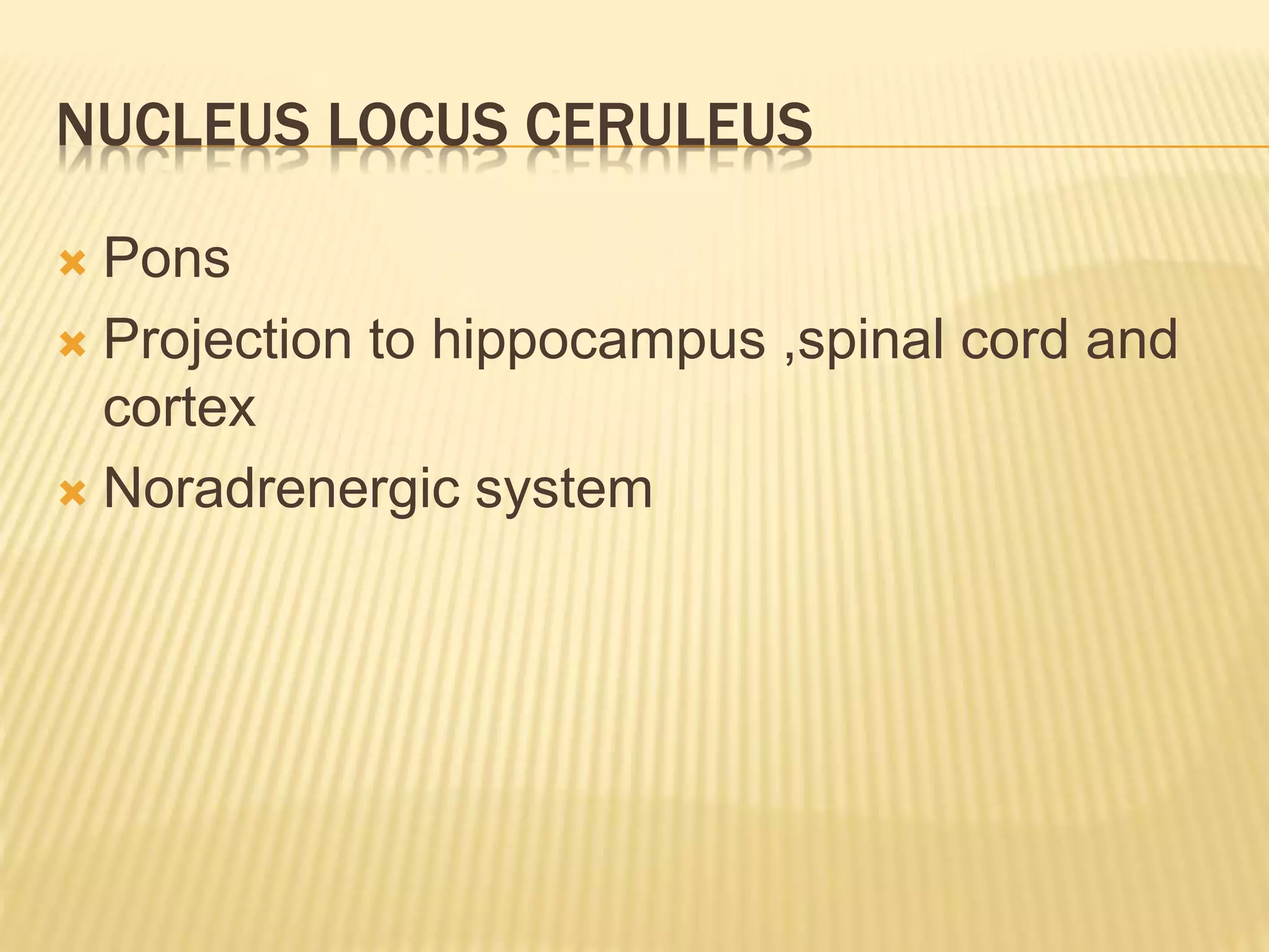 NUCLEUS LOCUS CERULEUS
 Pons
 Projection to hippocampus ,spinal cord and
cortex
 Noradrenergic system
 