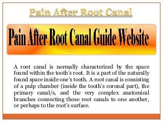 A root canal is normally characterized by the space
found within the tooth’s root. It is a part of the naturally
found space inside one’s tooth. A root canal is consisting
of a pulp chamber (inside the tooth’s coronal part), the
primary canal/s, and the very complex anatomical
branches connecting those root canals to one another,
or perhaps to the root’s surface.

 