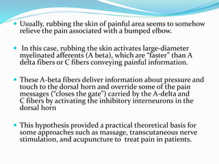  Usually, rubbing the skin of painful area seems to somehow
relieve the pain associated with a bumped elbow.
 In this case, rubbing the skin activates large-diameter
myelinated afferents (A beta), which are “faster” than A
delta fibers or C fibers conveying painful information.
 These A-beta fibers deliver information about pressure and
touch to the dorsal horn and override some of the pain
messages (“closes the gate”) carried by the A-delta and
C fibers by activating the inhibitory interneurons in the
dorsal horn
 This hypothesis provided a practical theoretical basis for
some approaches such as massage, transcutaneous nerve
stimulation, and acupuncture to treat pain in patients.
 