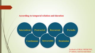 According to temporal relation and duration
Intermitent
Continuous
Protracted
Intractable
Reccurent
Remission
Periodic
Textbook of ORAL MEDICINE,
2nd edition, Anil Govind Ghom
 