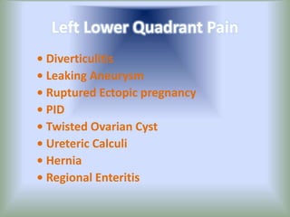 Left Lower Quadrant Pain
• Diverticulitis
• Leaking Aneurysm
• Ruptured Ectopic pregnancy
• PID
• Twisted Ovarian Cyst
• Ureteric Calculi
• Hernia
• Regional Enteritis
 
