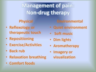 Management of pain:
Non-drug therapy
Physical
• Reflexology or
therapeutic touch
• Repositioning
• Exercise/Activities
• Back rub
• Relaxation breathing
• Comfort foods
Environmental
• Quiet environment
• Soft music
• Dim lights
• Aromatherapy
• Imagery or
visualization
 