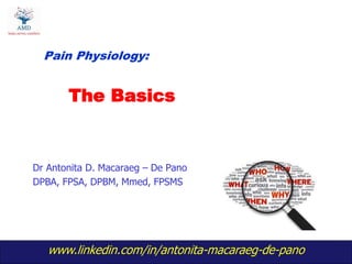 www.linkedin.com/in/antonita-macaraeg-de-pano
1
The Basics
Dr Antonita D. Macaraeg – De Pano
DPBA, FPSA, DPBM, Mmed, FPSMS
Pain Physiology:
 