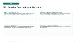 PRP
PRP: Overview from the Recent Literature
Song I, et al. Orthop J Sports Med. 2025.
In a knee OA cohort, 72% of PRP responders achieved at least a 20% pain reduction at 12
weeks; response was not reliably predicted by age, BMI, or radiographic grade.
Advancements in Regenerative Therapies review. PMC. 2025.
Across 20 included PRP studies (2009-2025), PRP showed consistent pain-reduction and
functional-recovery signal, though preparation protocols varied widely.
Pham GM. J Clin Med. 2025;14:6959.
A narrative review of PRP and BMAC in ACL reconstruction found both offer measurable
augmentation benefit, with BMAC contributing an additional cellular component.
Head-to-head PRP vs hyaluronic acid trial (2025).
PRP produced significantly greater VAS pain improvement than HA at 24 weeks in knee OA
(38.5 vs 18.7 points).
Dr. Smrutirekha Hota | MD, FIPP, CIPS, EDPM, FIPM | Fellow Teaching Session 9
 