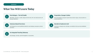 ROADMAP
What You Will Learn Today
1
Pain Biologics - The Full Toolkit
PRP, BMAC, exosomes, nanofat, adipose-derived cells, SVF, and cultured stem cell
therapy (Ciplostem).
2
Preparation, Dosage & Safety
How each biologic is prepared, typical dose/volume ranges, and precautions to
counsel patients on.
3
Literature-Based Overviews
Key findings from recent published studies for each biologic, presented as clinical
overviews.
4
Steroids & Hyaluronic Acid
Mechanism, dosing by site, technique, and safety for the two most established
injectables.
5
An Integrated Teaching Takeaway
How biologics, steroids, and HA fit together in real practice.
Dr. Smrutirekha Hota | MD, FIPP, CIPS, EDPM, FIPM | Fellow Teaching Session 1
 