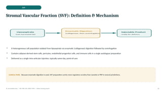 SVF
Stromal Vascular Fraction (SVF): Definition & Mechanism
• A heterogeneous cell population isolated from lipoaspirate via enzymatic (collagenase) digestion followed by centrifugation
• Contains adipose-derived stem cells, pericytes, endothelial progenitor cells, and immune cells in a single autologous preparation
• Delivered as a single intra-articular injection, typically same-day, point-of-care
CLINICAL PEARL Because enzymatic digestion is used, SVF preparation carries more regulatory scrutiny than nanofat or PRP in several jurisdictions.
Dr. Smrutirekha Hota | MD, FIPP, CIPS, EDPM, FIPM | Fellow Teaching Session 23
 