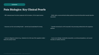SUMMARY
Pain Biologics: Key Clinical Pearls
- PRP: leukocyte-poor for joints, leukocyte-rich for tendons; 3-8 mL typical volume - BMAC adds a marrow-derived cellular payload; harvest-site discomfort exceeds injection
discomfort
- Exosomes are the most exciting frontier - and the least standardized for dosing - Nanofat (mechanical) vs SVF (enzymatic): the processing method drives the regulatory
pathway
- Cultured, allogeneic products (e.g., Ciplostem) sit at the top of the regulatory ladder -
follow the product insert
- Across every biologic: standardize preparation, use ultrasound guidance, and counsel
honestly on realistic outcomes
Dr. Smrutirekha Hota | MD, FIPP, CIPS, EDPM, FIPM | Fellow Teaching Session 31
 