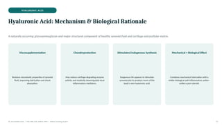 HYALURONIC ACID
Hyaluronic Acid: Mechanism & Biological Rationale
A naturally occurring glycosaminoglycan and major structural component of healthy synovial fluid and cartilage extracellular matrix.
Viscosupplementation
Restores viscoelastic properties of synovial
fluid, improving lubrication and shock
absorption.
Chondroprotection
May reduce cartilage-degrading enzyme
activity and modestly downregulate local
inflammatory mediators.
Stimulates Endogenous Synthesis
Exogenous HA appears to stimulate
synoviocytes to produce more of the
body's own hyaluronic acid.
Mechanical + Biological Effect
Combines mechanical lubrication with a
milder biological anti-inflammatory action -
unlike a pure steroid.
Dr. Smrutirekha Hota | MD, FIPP, CIPS, EDPM, FIPM | Fellow Teaching Session 37
 