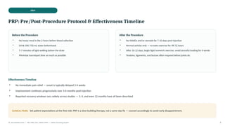 PRP
PRP: Pre/Post-Procedure Protocol & Effectiveness Timeline
Before the Procedure
• No heavy meal in the 2 hours before blood collection
• Drink 500-750 mL water beforehand
• 5-7 minutes of light walking before the draw
• Minimize tourniquet time as much as possible
After the Procedure
• No NSAIDs and/or steroids for 7-10 days post-injection
• Normal activity only — no extra exercise for 48-72 hours
• After 10-12 days, begin light isometric exercise; avoid stressful loading for 6 weeks
• Tendons, ligaments, and bursae often respond before joints do
Effectiveness Timeline
• No immediate pain relief — onset is typically delayed 3-4 weeks
• Improvement continues progressively over 3-6 months post-injection
• Reported recovery windows vary widely across studies — 3, 6, and even 12 months have all been described
CLINICAL PEARL Set patient expectations at the first visit: PRP is a slow-building therapy, not a same-day fix — counsel accordingly to avoid early disappointment.
Dr. Smrutirekha Hota | MD, FIPP, CIPS, EDPM, FIPM | Fellow Teaching Session 8
 