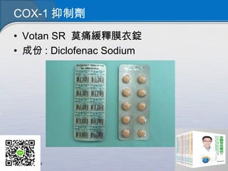COX-1 抑制劑
• Votan SR 莫痛緩釋膜衣錠
• 成份 : Diclofenac Sodium
 