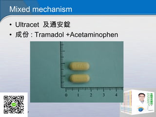 Mixed mechanism
• Ultracet  及通安錠
• 成份 : Tramadol +Acetaminophen
 